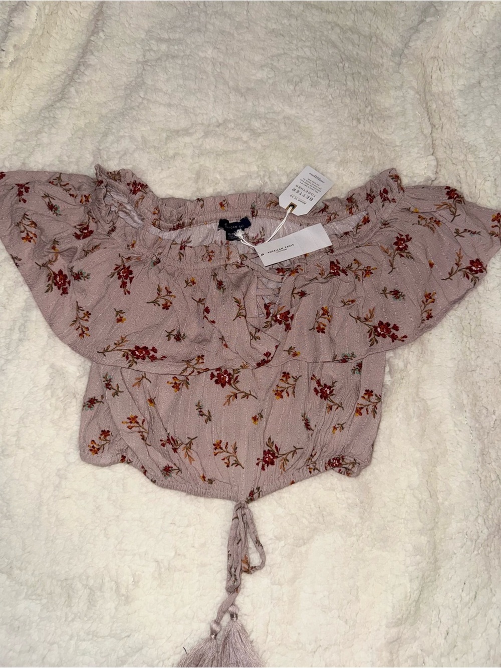 American Eagle Outfitters Mauve Floral Off-Shoulder Tie-Front Crop Top